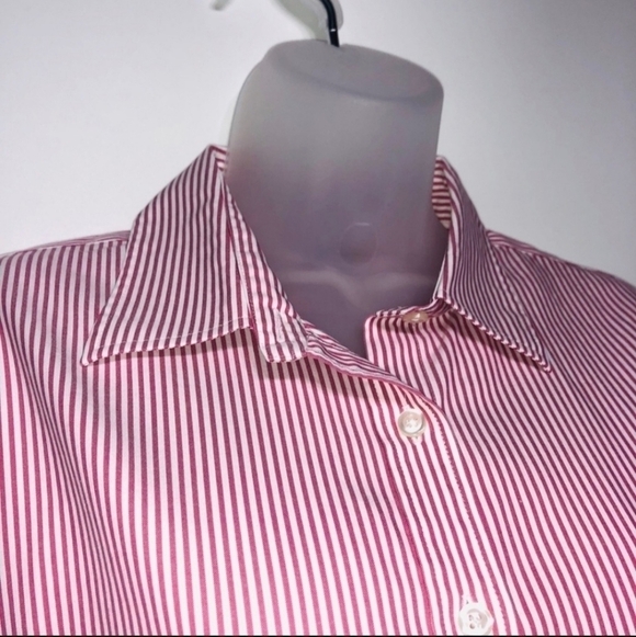 Land's End Red White Stripe Button Shirt No Iron Pinpoint Oxford Women's 8 EUC - Picture 3 of 6